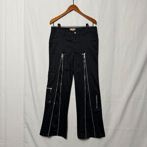 Y2K Clash Black Mid Rise Cargo Silver Zipper Hardware Flare Leg Pants Size 10